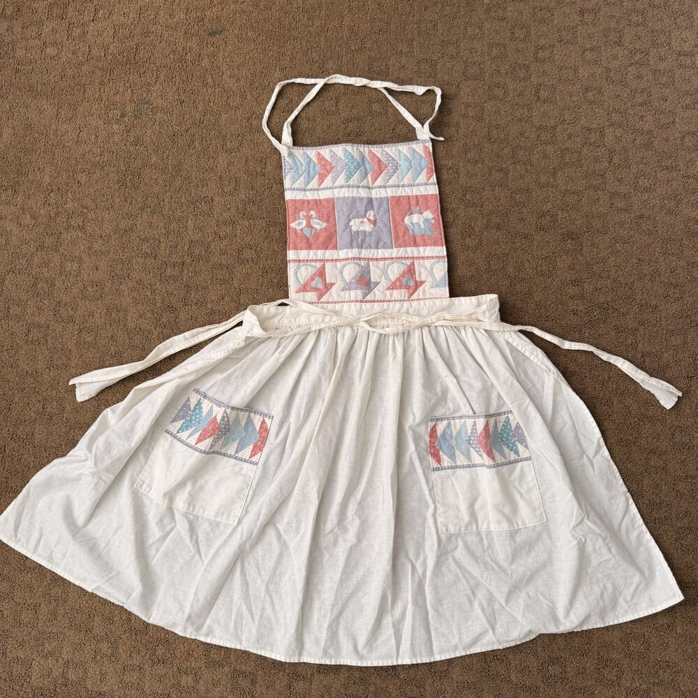 Vintage Handmade Embroidered Apron Boho White Folk Art